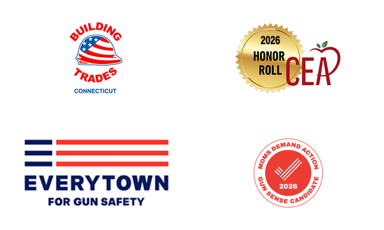 Endorsements: Building Trades Connecticut, CEA 2026 Honor Roll, Everytown for Gun Safety, Moms Demand Action Gun Sense Candidate 2026
